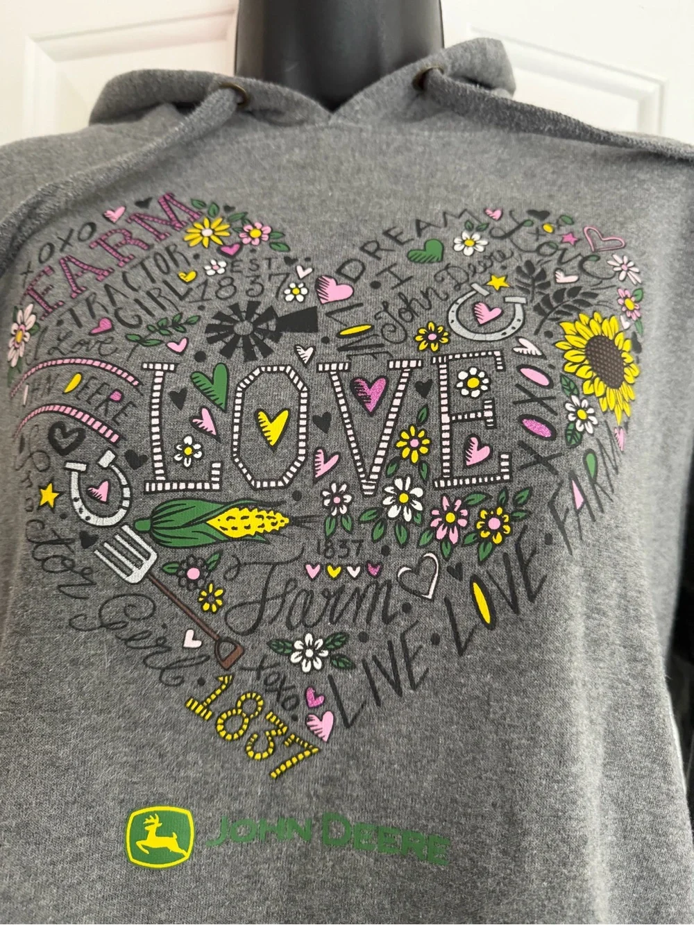 John Deere Gray Hoodie with Colorful Heart Graphic - Picture 3 of 6